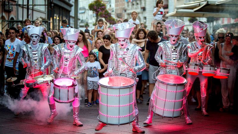 (190626) — RIJEKA (CROATIA), June 26, 2019 (Xinhua) — Drummers perform during the opening ceremony of Tobogan Festival in Rijeka, Croatia, on June 26, 2019. The two-week event features a series of outdoor performances and activities for children. (Xinhua/Nel Pavletic)