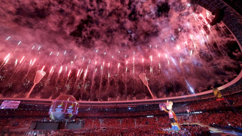 Fireworks explode above the stadium during the closing ceremony of the second European Games in Minsk, Belarus, Sunday, June 30, 2019. (AP Photo/Sergei Grits)