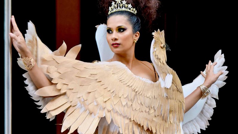 A participant of the Bangalore Met Gala titled 'Super Bowl of Fashion' poses for a photograph during the fashion event in Bangalore on August 7, 2019. (Photo by Manjunath Kiran / AFP)