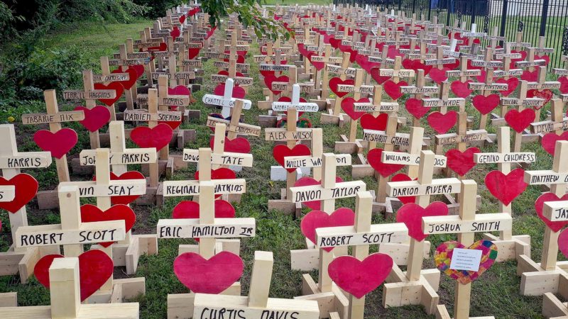 CHICAGO, ILLINOIS - AUGUST 16: Crosses cover a vacant lot in the West Englewood neighborhood on August 16, 2019 in Chicago, Illinois. The crosses are a memorial to the victims of the 314 murders so far this year in Chicago. They are the creation of Greg Zanis and his organization Crosses for Losses. Zanis is also known for placing crosses at memorials to victims of mass shootings, most recently Dayton, Ohio and El Paso, Texas. Photo by Scott Olson/Getty Images)  == FOR NEWSPAPERS, INTERNET, TELCOS & TELEVISION USE ONLY ==