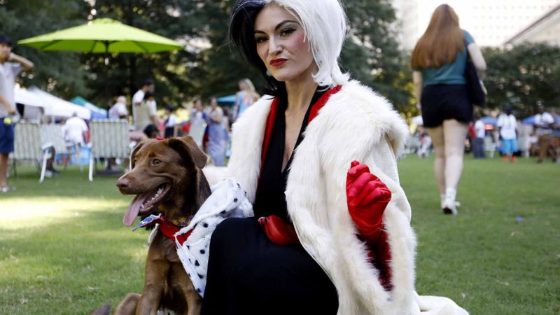 Atlanta-area resident Megan Nelson poses for a photo with her dog Darla during Doggy Con in Woodruff Park, Saturday, Aug. 17, 2019, in Atlanta. Nelson wore a Cruella de Vil costume and dressed her mixed chocolate Labrador Retriever in a Dalmatian outfit. The pair won the costume contest award for best dog and owner combination. (AP Photo/Andrea Smith)