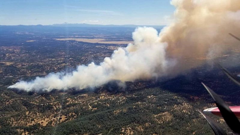 This photo provided by Cal Fire shows an aerial view of the Mountain Fire burning Thursday, Aug. 22, 2019, near Redding, Calif. A fast-moving Northern California wildfire is threatening thousands of homes and forcing evacuations. The fire in Shasta County started around noon in a rural area northwest of Redding about 200 miles (320 kilometers) north of San Francisco. CalFire Capt. Robert Foxworthy says the blaze quickly spread to more than 600 acres, or about one square mile. Foxworthy says about 2,000 structures may be threatened, though officials haven't conducted a thorough count yet. (Cal Fire via AP)