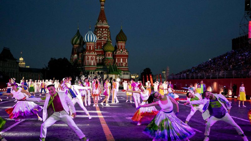 Participants perform during the Spasskaya Tower international military music festival in Red Square with the St. Basil Cathedral in the background in Moscow, Russia, Friday, Aug. 23, 2019. AP/RSS. 