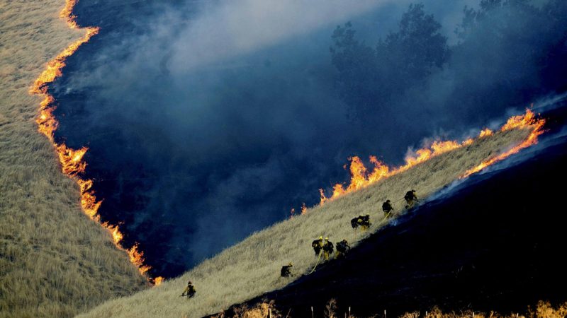 FILE - In this Aug. 3, 2019, file photo, firefighters battle the Marsh Fire near the town of Brentwood in Contra Costa County, Calif. California fire officials say acreage burned so far in 2019 is down 90% compared to the average over the past five years. (AP Photo/Noah Berger, File)