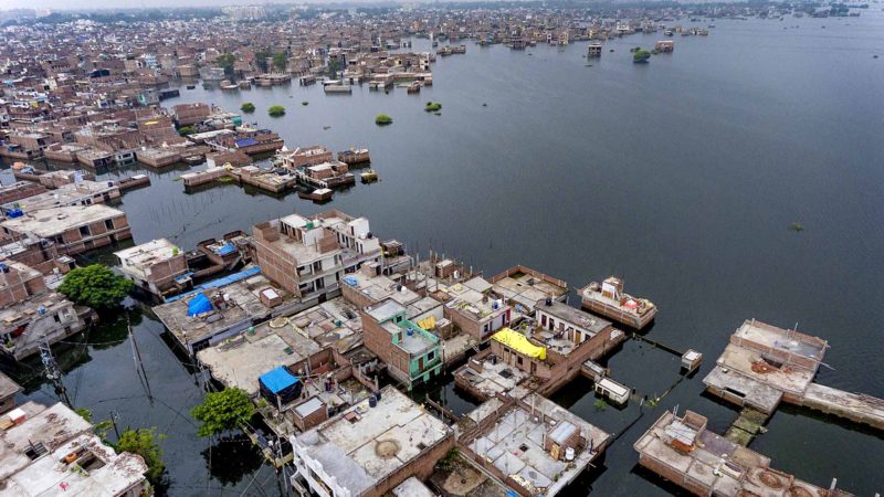 Floodwaters surround the areas by the River Ganges in Prayagraj, India, Monday, Sept. 23, 2019. Heavy monsoon rains have raised the water level of the Ganges River above the danger level, triggering evacuation of thousands of people from flooded homes around the area. AP/RSS.