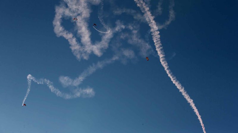 Britain's Red Devils paratroopers jump over Ginkel Heath, eastern Netherlands, Saturday, Sept. 21, 2019, as part of commemorations marking the 75th anniversary of Operation Market Garden, an ultimately unsuccessful airborne and land offensive that Allied leaders hoped would bring a swift end to World War II by capturing key Dutch bridges and opening a path to Berlin. (AP Photo/Peter Dejong)