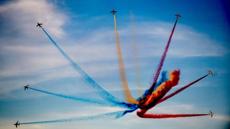  French elite acrobatic flying team "Patrouille de France" performs during the 8th Athens Flying Week aviation event over Tanagra air base, north of Athens, on September 22, 2019.  AFP/RSS