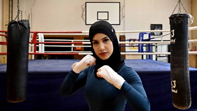German boxer Zeina Nassar poses during a training session on August 23, 2019 in Berlin. - Berlin boxer Zeina Nassar's fighting spirit has won her plenty of titles, but her battle to wear the hijab in the ring has also made her an equal opportunity champion. AFP/RSS.