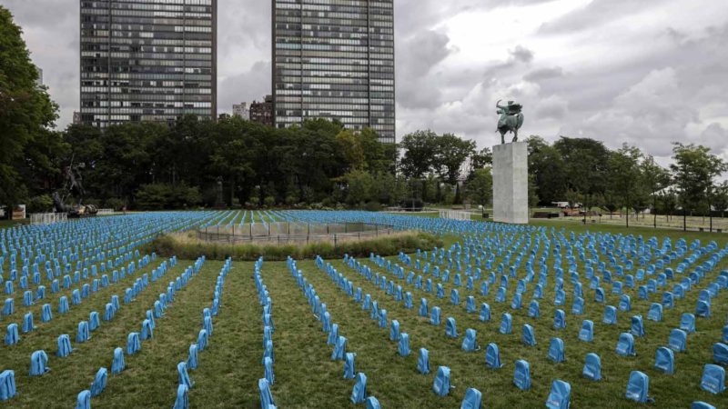 Backpacks are seen as part of a United Nations Children's Fund (UNICEF) installation on the lawn of the United Nations headquarters in New York, on Sept. 10, 2019. The installation features 3,758 backpacks in rows reminiscent of a graveyard, each one representing the loss of a young life to conflict during 2018. The installation, which will run through Sept. 10, is a message to world leaders ahead of the annual United Nations General Assembly and the 30th anniversary of the Convention on the Rights of the Child. Xinhua/RSS