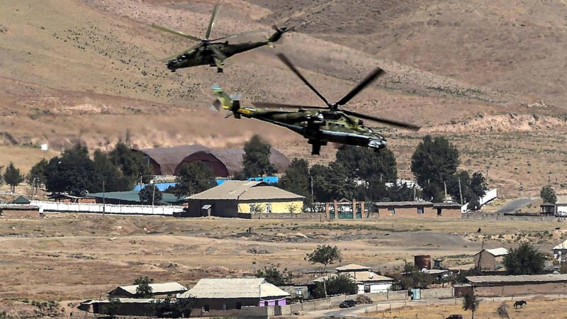 DUSHANBE -- Mi-24 helicopters hover above the position during the Center-2019 military exercise in Dushanbe region, Tajikistan, on Sept. 18, 2019. Tsentr-2019 (Center-2019) military exercises involving eight countries began on Monday in Russia, Kazakhstan and Tajikistan, the Russian Defense Ministry said in a statement on Tuesday. A total of 128,000 troops, more than 20,000 units of weapons and military hardware, about 600 aircraft and up to 15 ships and support vessels will take part in the drills on several training grounds in the three countries and the Caspian Sea. Xinhua/RSS.
