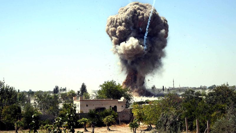 DAMASCUS-- Smoke is seen after the army detonated bombs left by the rebels in agricultural areas in the Eastern Ghouta countryside of Damascus, Syria, on Sept. 3, 2019. The Syrian official media said that the army is defusing weapons left by the rebels in Eastern Ghouta. Xinhua/RSS.