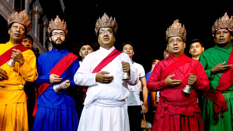 KATHMANDU -- Priests perform the rituals during the celebration of Indrajatra festival at the premises of Basantapur Durbar Square in Kathmandu, Nepal, on Sept. 14, 2019. The eight-day festival celebrates Indra, the god of rain, to mark the end of the monsoon. Photo by Sulav Shrestha/Xinhua