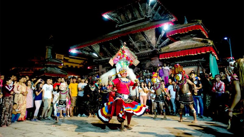 KATHMANDU -- Masked dancers perform during the celebration of Indrajatra festival at the premises of Basantapur Durbar Square in Kathmandu, Nepal, on Sept. 14, 2019. The eight-day festival celebrates Indra, the god of rain, to mark the end of the monsoon. (Photo by Sulav Shrestha/Xinhua/.