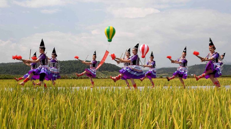 Photo taken on Sept.15, 2019 shows people dancing in fields to celebrate harvest in Lugu Village in Qixing Township of Xundian Hui and Yi Autonomous County, southwest China's Yunnan Province. (Xinhua/RSS