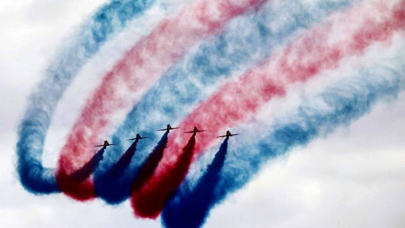 BEIJING -- Britain's Royal Air Force Red Arrows perform during the 2019 Canadian International Air Show in Toronto, Canada, Sept. 1, 2019. The annual event is held in Toronto from Aug. 31 to Sept. 2. Xinhua.RSS.