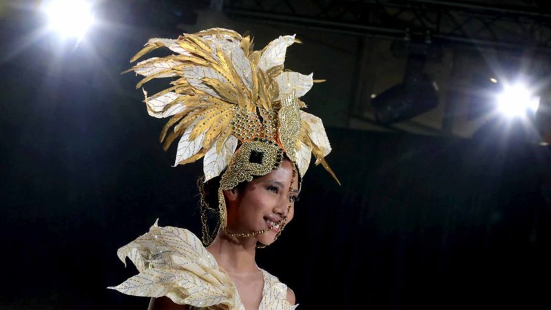 A model presents a chocolate studded dress during a show as part of the chocolate fair in Paris, Tuesday, Oct. 29, 2019. The fair starts Oct. 29 and lasts until Nov. 3. (AP Photo/Michel Euler)