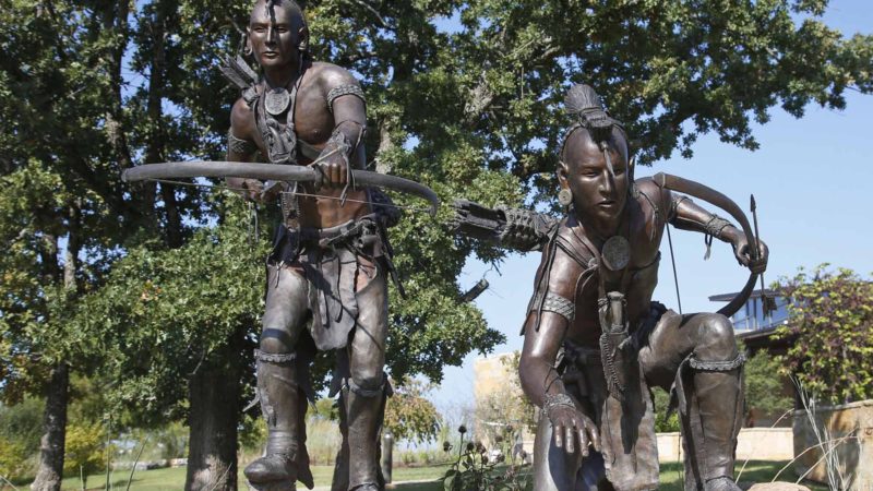 A bronze sculpture depicting two Chickasaw hunters is pictured at the Chickasaw Cultural Center in Sulphur, Okla. For the last 15 years, casino gambling has been a financial boon for Oklahoma and many of the Native American tribes located there. AP Photo/RSS