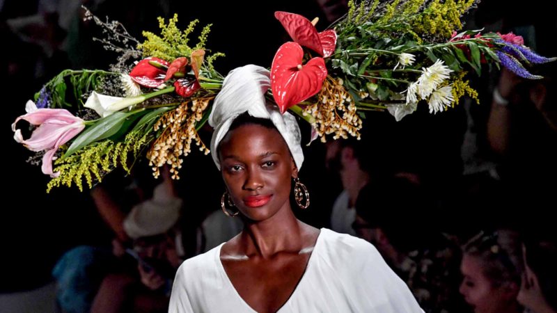 A model presents a creation by Angela Brito during the Sao Paulo Fashion Week in Sao Paulo, Brazil on October 16, 2019. (Photo by NELSON ALMEIDA / AFP)