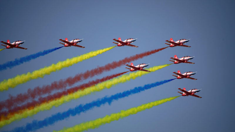 China's Red Falcon Air Demonstration Team performing in the sky during the Chinese People's Liberation Army Air Force Aviation Open Day in Changchun in China's northeastern Jilin province, to mark the 70th anniversary of the founding of the Chinese People's Liberation Army Air Force. Photo/RSS