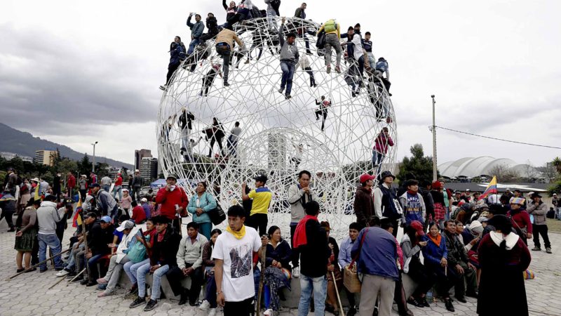 Anti-government demonstrators gather in El Arbolito Park to march against President Lenin Moreno and his economic policies, in Quito, Ecuador, Tuesday, Oct. 8, 2019. The protests, which began when Moreno’s decision to cut subsidies led to a sharp increase in fuel prices, have persisted for days and clashes led the president to move his besieged administration out of Quito. (AP Photo/Fernando Vergara)