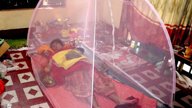 भरतपुर महानगरपालिका–१० मा रहेको चितवन कालिका मन्दिरमा घटस्थापनाको दिनदेखि हात र छातीमा जमरा राखेर निराहार व्रत बस्नु भएकी विष्णु ढकाल ।  तस्बिरः  नारायण अधिकारी