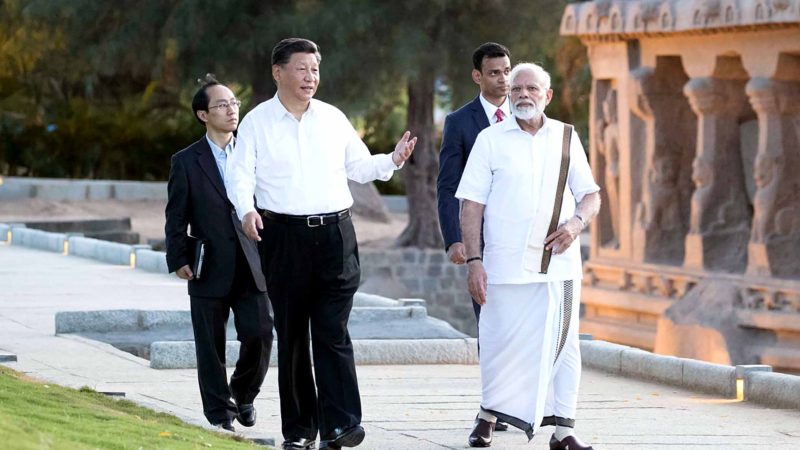  CHENNAI-- Indian Prime Minister Narendra Modi gives Chinese President Xi Jinping a guided tour of the Group of Monuments at Mahabalipuram, India, Oct. 11, 2019. Chinese President Xi Jinping met with Indian Prime Minister Narendra Modi in the southern Indian city of Chennai on Friday. Xinhua/RSS.