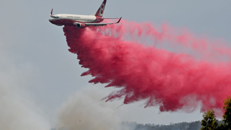 A Rural NSW Fire Service plane drops fire retardent on an out of control bushfire near Taree, 350km north of Sydney on November 12, 2019. - A state of emergency was declared on November 11, 2019 and residents in the Sydney area were warned of "catastrophic" fire danger as Australia prepared for a fresh wave of deadly bushfires that have ravaged the drought-stricken east of the country. (Photo by PETER PARKS / AFP)