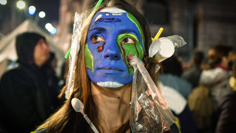 A woman wearing plastic on her hair and with her face painted with earth colors demonstrates during a protest against illegal logging in the forests of Romania gathering aroung 4,000 people downtown Bucharest, Romania. Photo/RSS
