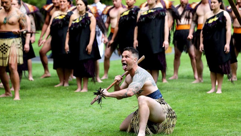 A traditional Maori welcome is performed for Britain Prince Charles and Camilla, Duchess of Cornwall at Government House in Auckland on November 19, 2019. - The Prince of Wales and Duchess of Cornwall are on an 8-day tour of New Zealand. (Photo by MICHAEL BRADLEY / AFP)