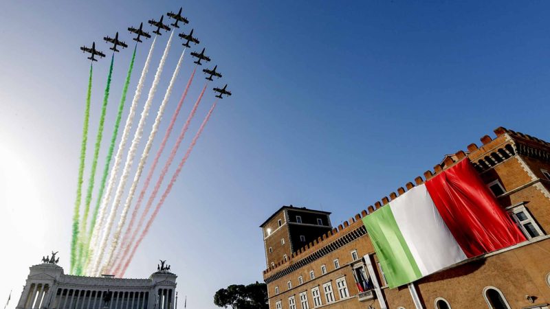 Italian acrobatic team "Frecce Tricolori" fly past Venice Square in Rome, on the occasion of Italian Armed Forces Day, Monday, Nov. 4, 2019. (AP Photo/Andrew Medichini)