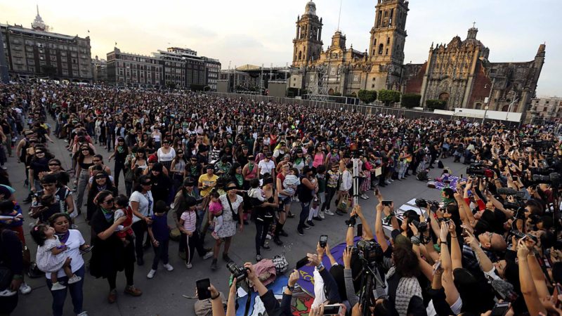 Feminist activists protest at the Zocalo square in Mexico City, Friday, Nov. 29, 2019. According the to the federal government  there were 3,662 gender-related killings of women in Mexico in 2018. (AP Photo / Marco Ugarte)