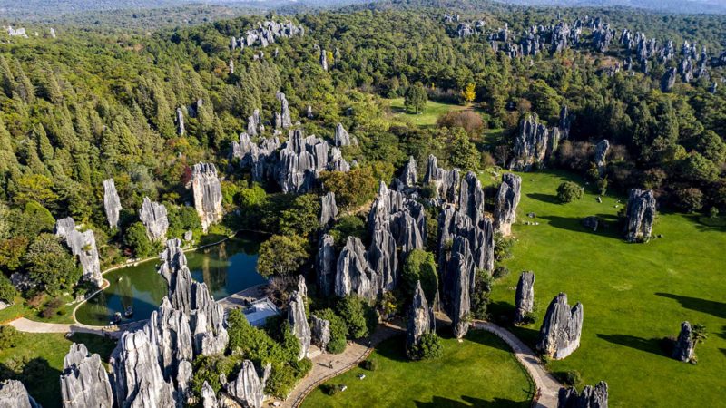 SHILIN-- Aerial photo taken on Nov. 28, 2019 shows the Shilin scenic zone in Shilin Yi Autonomous County, southwest China's Yunnan Province. Shilin means stone forest. Xinhua/RSS.