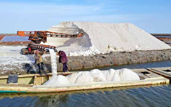 (191108) -- CAOFEIDIAN, Nov. 8, 2019 (Xinhua) -- Aerial photo taken on Nov. 7, 2019 shows workers loading the salt onto a boat through machinery during the autumn harvest season at a salt pan in Caofeidian District of Tangshan, north China's Hebei Province. The annual autumn harvest season of the salt pan in Caofeidian District of Tangshan has entered into its last phase. The output of sea salt in 2019 is expected to reach 1.56 million tons. (Xinhua/Yang Shiyao)