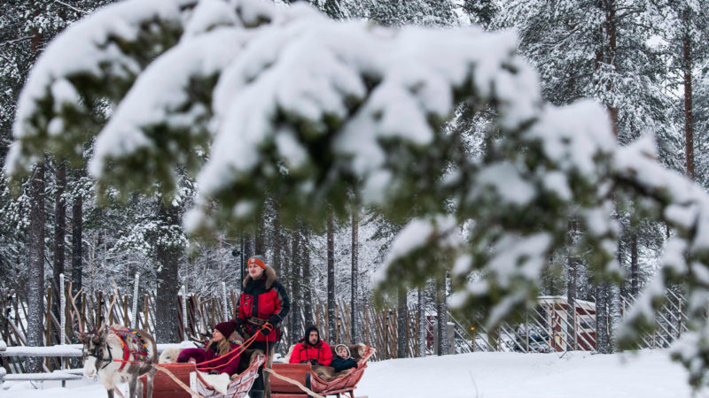 Tourists ride a sled pulled by a reindeer at the Santa Claus Village near Rovaniemi, Finnish Lapland, on December 2, 2019. - Rovaniemi's Santa Claus Village amusement park is a snow-covered wonderland of reindeer rides, ice castles, souvenir shops, snowmobiles and igloo hotels where Christmas holds sway 365 days a year. But Lapland is also the homeland of the indigenous reindeer-herding Sami people, who protest that some in the tourist industry spread offensive stereotypes about Sami people and seek to profit from their ancient culture. (Photo by Jonathan NACKSTRAND / AFP)