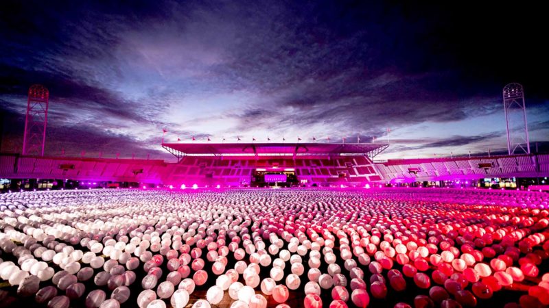 This picture shopws thousands of lanterns lit inside the Olympic Stadium in Amsterdam during the fourth edition of the lantern campaign by Dutch KWF Fight against cancer on december 29, 2019. (Photo by Remko DE WAAL / ANP / AFP) / Netherlands OUT