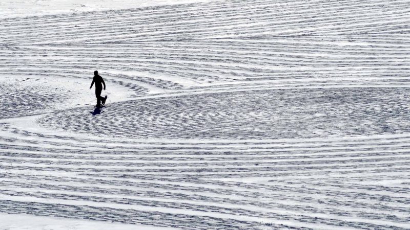 In this photo taken Jan. 7, 2020, British artist Simon Beck uses snowshoes to create a massive geometrical design on a reservoir near Silverthorne, Colo. The 61-year-old has completed about 330 snow drawings and 120 in sand since he started the art form outside his winter home at a French ski resort in 2004. He says he hopes his drawings bring awareness to the beauty of the environment. (AP Photo/Thomas Peipert)