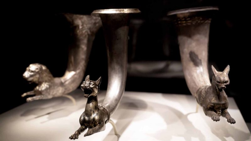 WASHINGTON -- Wine horns are seen during the exhibition "Feast Your Eyes: A Taste for Luxury in Ancient Iran" at the Smithsonian's National Museum of Asian Art in Washington D.C., the United States, on Jan. 6, 2020. (Xinhua/Liu Jie)