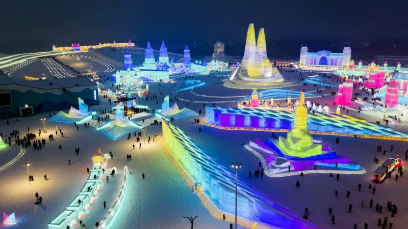 HARBIN -- Aerial photo taken on Jan. 7, 2020 shows a night view of the 21st Harbin Ice-Snow World in Harbin, capital of northeast China's Heilongjiang Province. (Xinhua/Xie Jianfei)