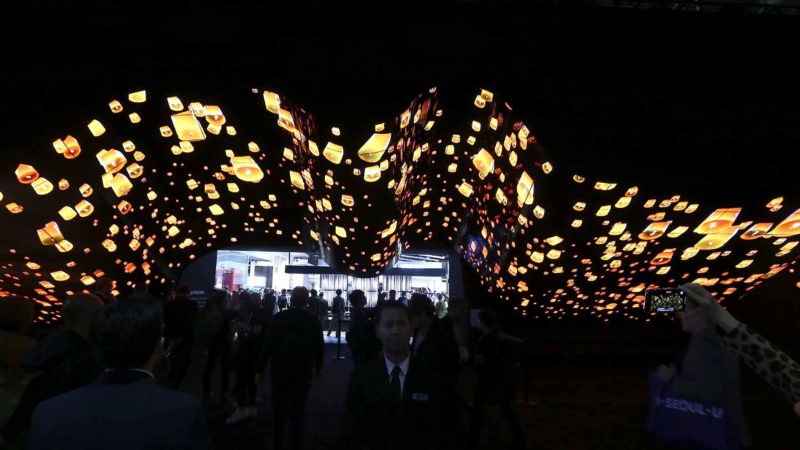 The entrance to the LG pavilion shows off an undulating screen during the CES tech show Wednesday, Jan. 8, 2020, in Las Vegas. (AP Photo/Ross D. Franklin)