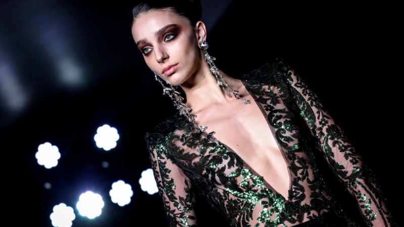 The fashion creation from Naeem Khan is modeled during New York's Fashion Week, Tuesday,, Feb. 11, 2020. (AP Photo/Bebeto Matthews)