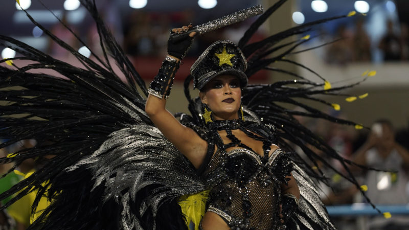 Drum queen Raphaela Gomes from the Sao Clemente samba school performs during Carnival celebrations at the Sambadrome in Rio de Janeiro, Brazil, Monday, Feb. 24, 2020. AP Photo/RSS
