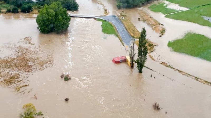  Photo taken from a helicopter on Feb. 4, 2020 shows a view of the flood-hit area on South Island in New Zealand. Several towns in Southland and Otago regions in New Zealand's South Island are being threatened by record level of flood water, for which the New Zealand government has declared an adverse event on Wednesday.     A state of emergency was declared earlier on Tuesday afternoon and remains on Wednesday for the Southland town of Gore. Photo/RSS