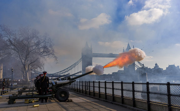 Members of the Honourable Artillery Company fire a 62-round royal gun salute from outside the Tower of London to mark Queen Elizabeth II's 68th anniversary of her accession to the throne in London, Britain on Feb. 6, 2020. Xinhua/RSS