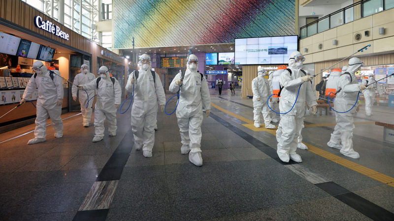 People disinfect a station in Daegu, South Korea, Feb. 29, 2020. South Korea confirmed 594 more cases of the COVID-19 on Saturday, raising the total number of infections to 2,931. Three more deaths were reported, lifting the combined death toll to 16. Photo/RSS