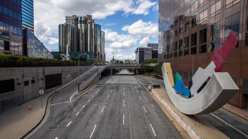 An empty W 4th Street is seen in Downtown Los Angeles on March 22, 2020, during the coronavirus (COVID-19) outbreak. - The US president on March 22 said he had ordered the deployment of emergency medical stations with capacity of 4,000 hospital beds to coronavirus hotspots around the United States. (Photo/RSS