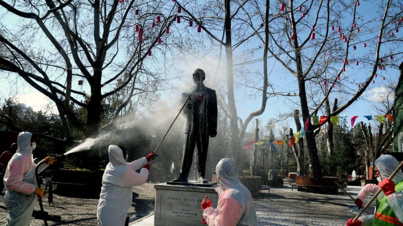 (200317) -- ANKARA, March 17, 2020 (Xinhua) -- Workers disinfect a park in Ankara, Turkey, on March 17, 2020. The number of the COVID-19 cases diagnosed in Turkey has increased to 47, with 29 new patients found, Turkish Health Minister Fahrettin Koca said on Monday. (Photo by Mustafa Kaya/Xinhua)