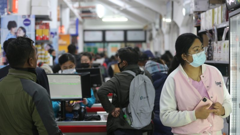  People wearing face masks are seen at a supermarket in Kathmandu, capital of Nepal, March 23, 2020. Nepal on Monday decided to enforce a national lockdown for a week effective from Tuesday to prevent the spread of COVID-19. Xinhua/RSS