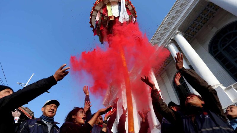 (200303) -- KATHMANDU, March 3, 2020 (Xinhua) -- People participate in a celebration of Holi Festival in Kathmandu, capital of Nepal, March 3, 2020. The Holi Festival, also known as the Festival of Colours, heralds the arrival of spring. (Photo by Sunil Sharma/Xinhua)