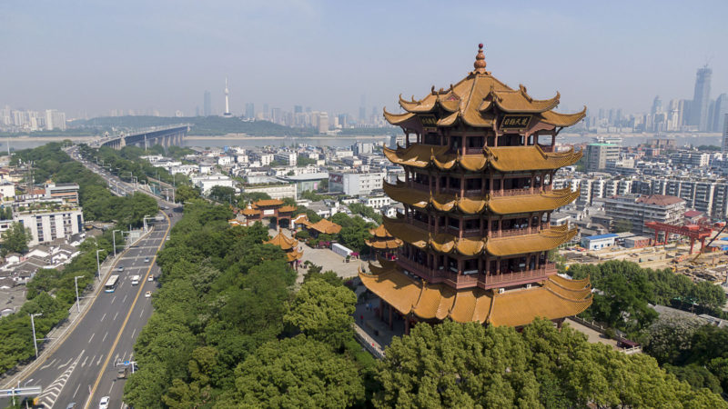 Aerial photo taken on April 29, 2020 shows the Yellow Crane Tower, or Huanghelou, a landmark in Wuhan, central China's Hubei Province.   As the impact of the COVID-19 pandemic wanes, Wuhan's landmark Yellow Crane Tower was partly reopened to the public on Wednesday. For the time being, there is still a visitor number limit (300 tourists are allowed into the main building every half hour) and online booking is needed. (Xinhua/XRSS)