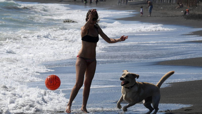 A woman plays with her dog on the beach in Ladispoli, near Rome, Italy, May 24, 2020. A further 50 COVID-19 patients had died in the past 24 hours in Italy, bringing the country's death toll to 32,785, out of total infection cases of 229,858, according to fresh figures on Sunday. The number of recoveries rose to 140,479, an increase of 1,639 compared to Saturday. (Xinhua)